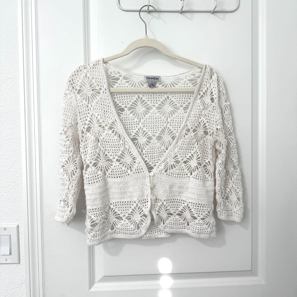 Openwork Crochet V-Neck Cardigan Sweater - White